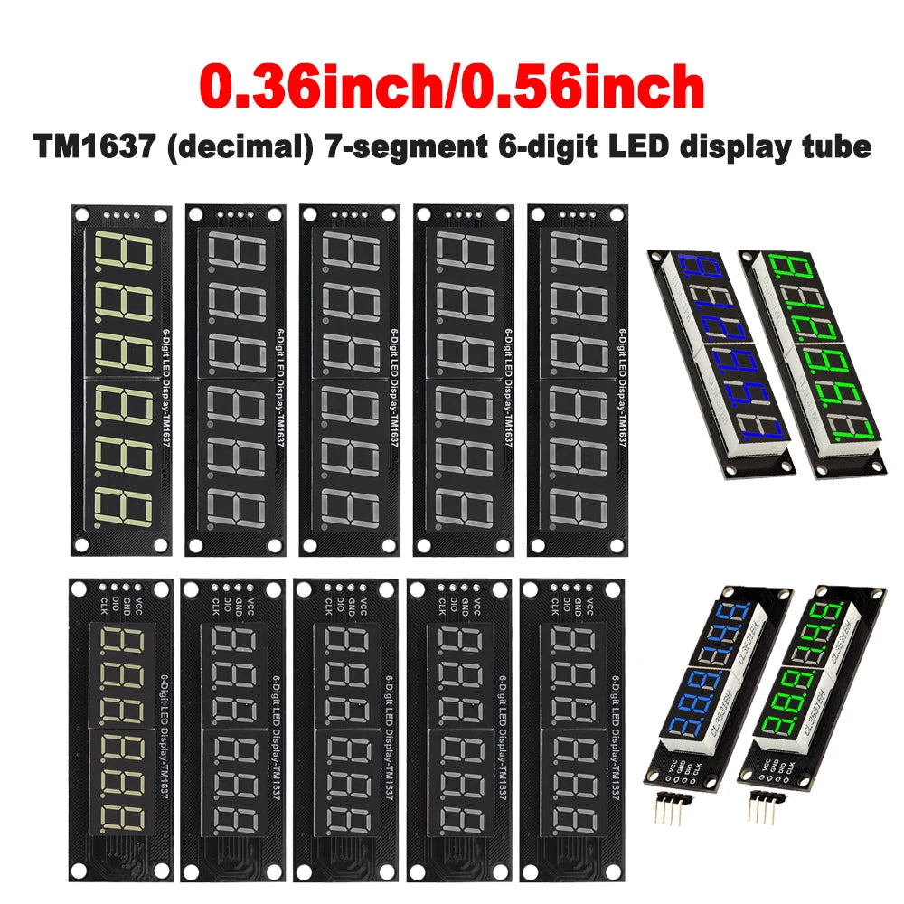 TM1637 LED Display Module for Arduino 6-Digit 7-Segment 0.36''/0.56 Inch Time Clock Indicator Tube Module Red/Blue/Green/Yellow