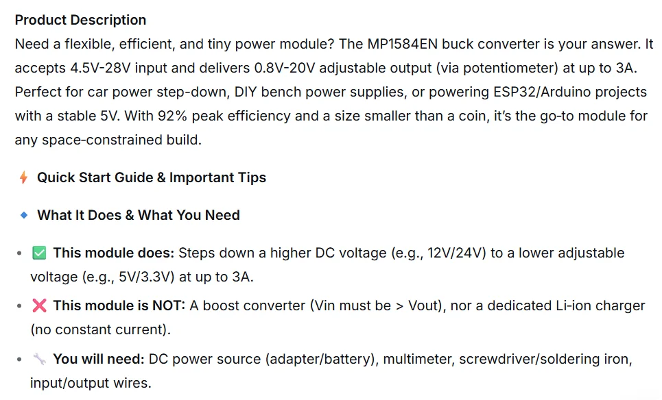 MP1584EN Buck Converter DC-DC Step Down Adjustable 3A Mini Power Module 24V to 12V 9V 5V 3V DIY Ultra-small LM2596