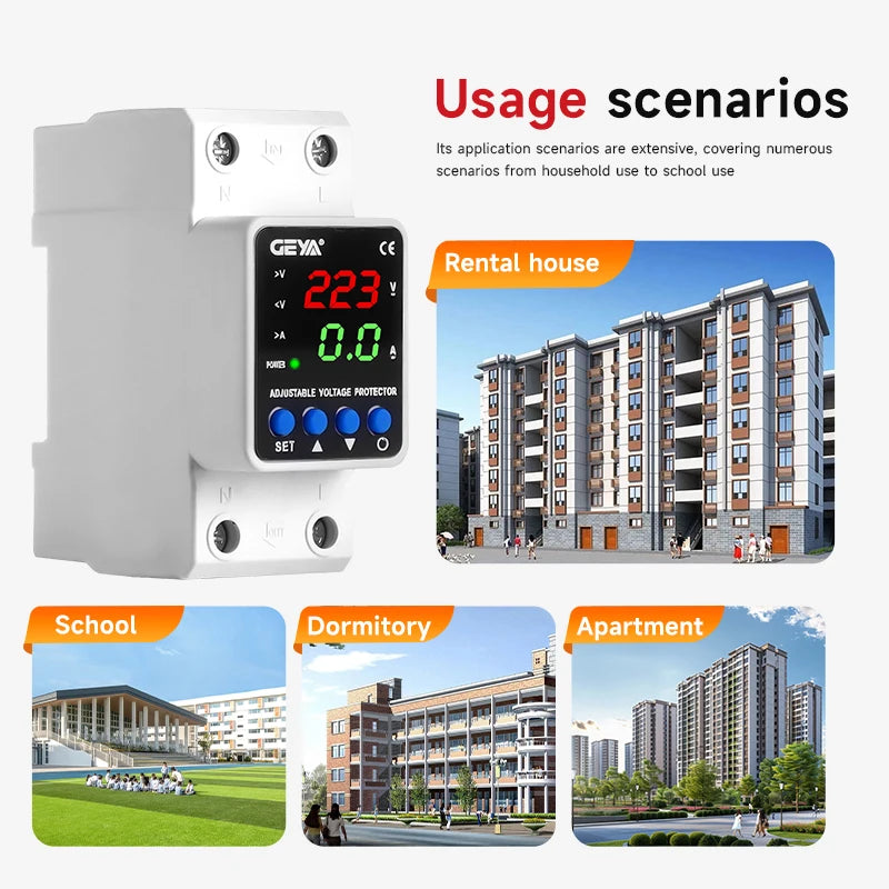 GEYA Din Rail Adjustable Over Voltage Under Voltage Protection Device 40A 63A 80A 220VAC Digital Display Voltage Protector
