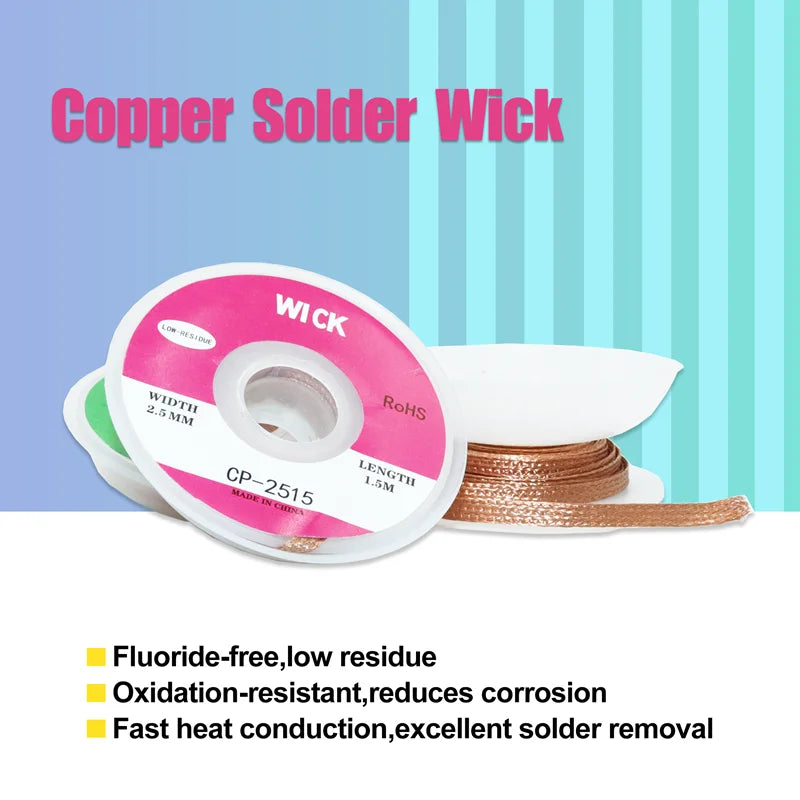 Desoldering Braid Copper Mesh Wire 1.5/2.0/2.5/3.0mm Welding Cable Solder Wick Tin Lead Cord Flux for Soldering PCB Remove Tool