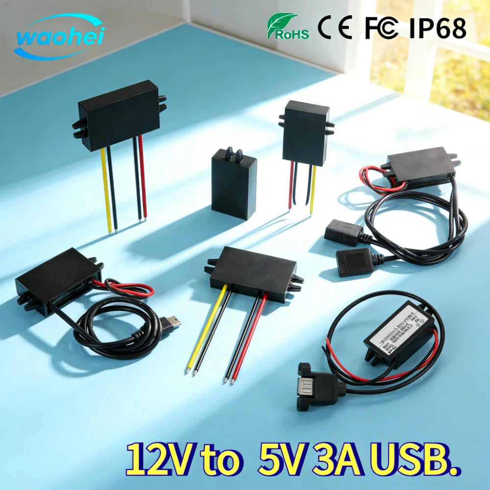 12V to 5V 3A DC-DC Step Down Module Power Converter Wire/Dual Ear USB Type C/Adapter USB-A Female/dual USB/ Connector Waterproof