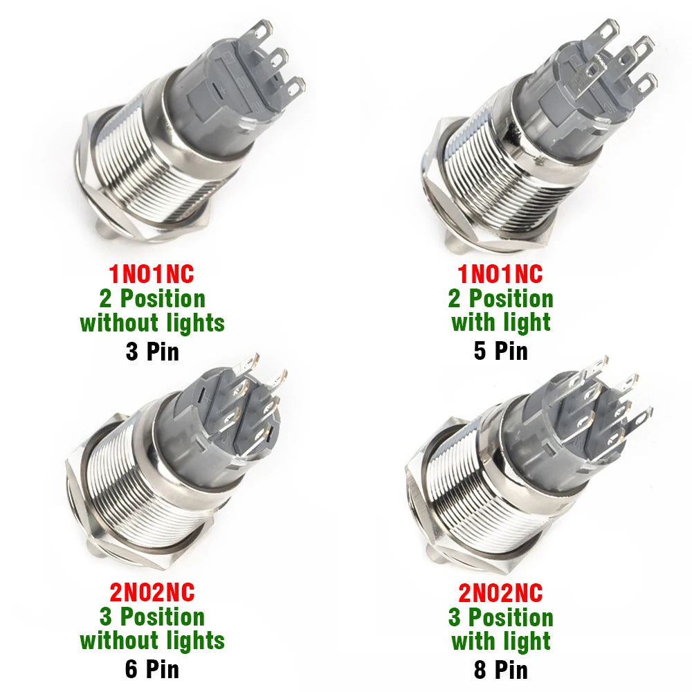19mm 2 3 Position Latching Stainless Steel Metal Selector Rotary Switch with LED Waterproof  DPDT Illuminated Self-locking