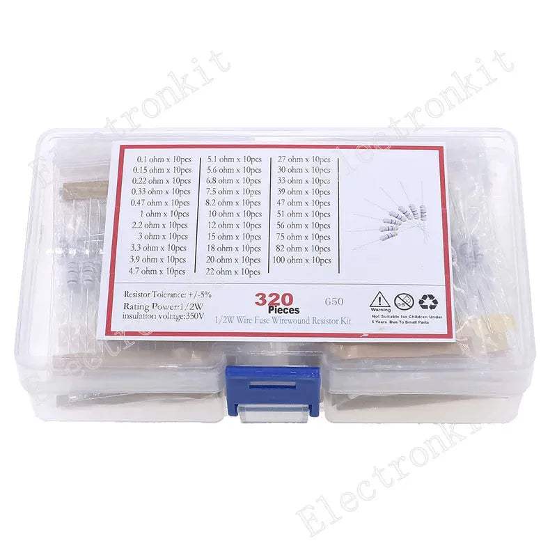 320Pcs 32Value 0.5W 1/2W 0.1 ohm - ohm Fuse Wirewound Resistor Assorted kit