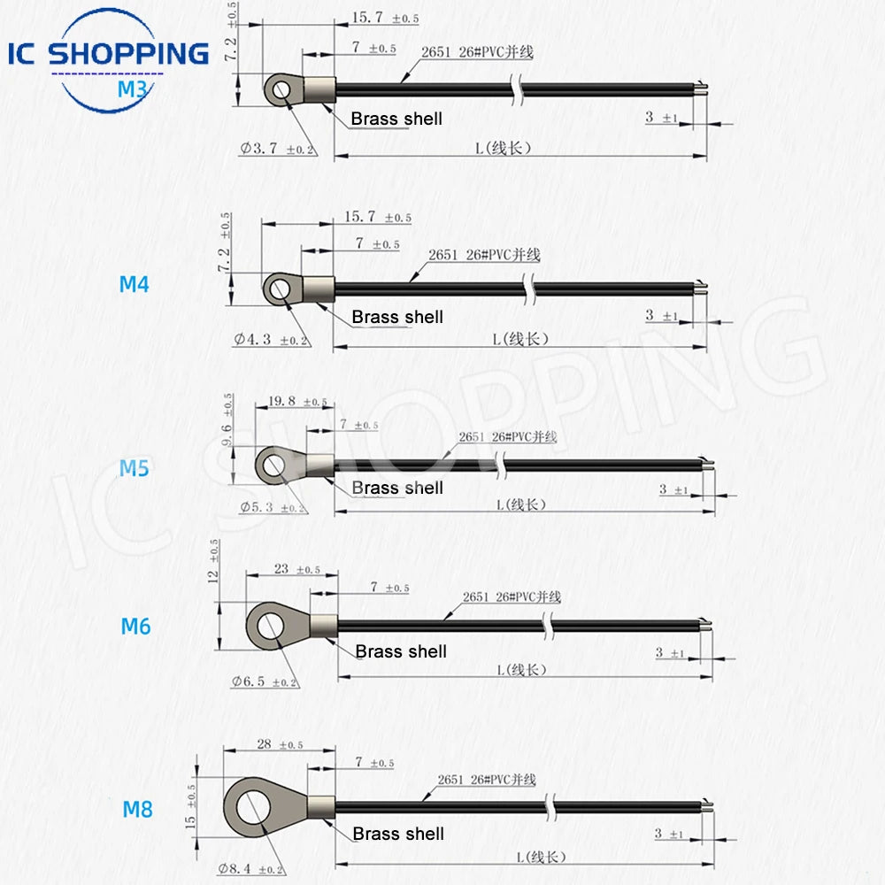 10PCS NTC Temperature Sensor OT Probe with Copper Ring 5K 10K 20K 50K 100K Thermistor B3950 1% Threaded Mounting
