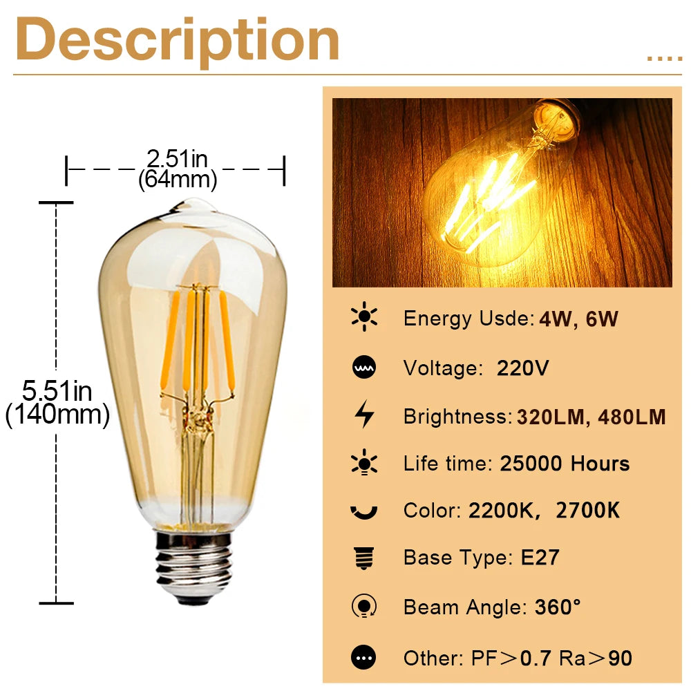 E27 Retro Edison Filament Bulb 4W 6W 220V ST64 Vintage LED Lamp Bulbs 2200K 2700K Warm White Amber Glass Light Bulbs for Home