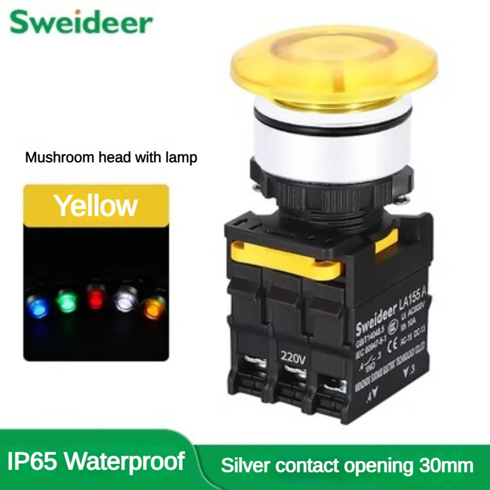 30mm Mushroom Button Switch with Light Waterproof Momentary Reset Self Locking Power Push Button Switch 12V 24V 220V 1NO 1NC Red