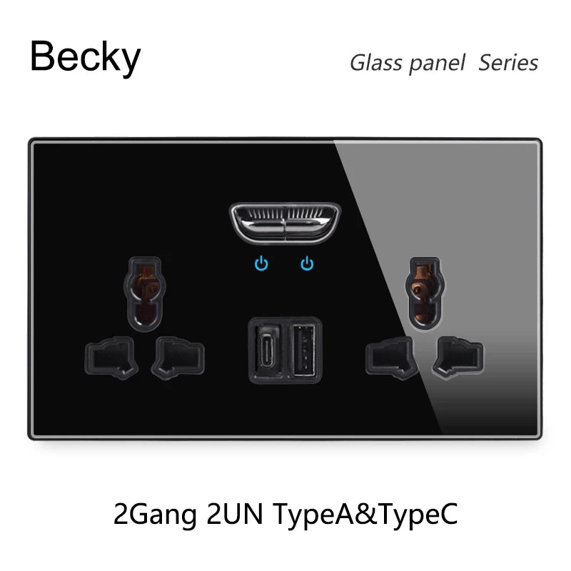 146 13a Reset Toggle Tempered Glass 2Gang UK Socket Switch Combination Panel Power Socket Office Hotel Home Villa Decoration
