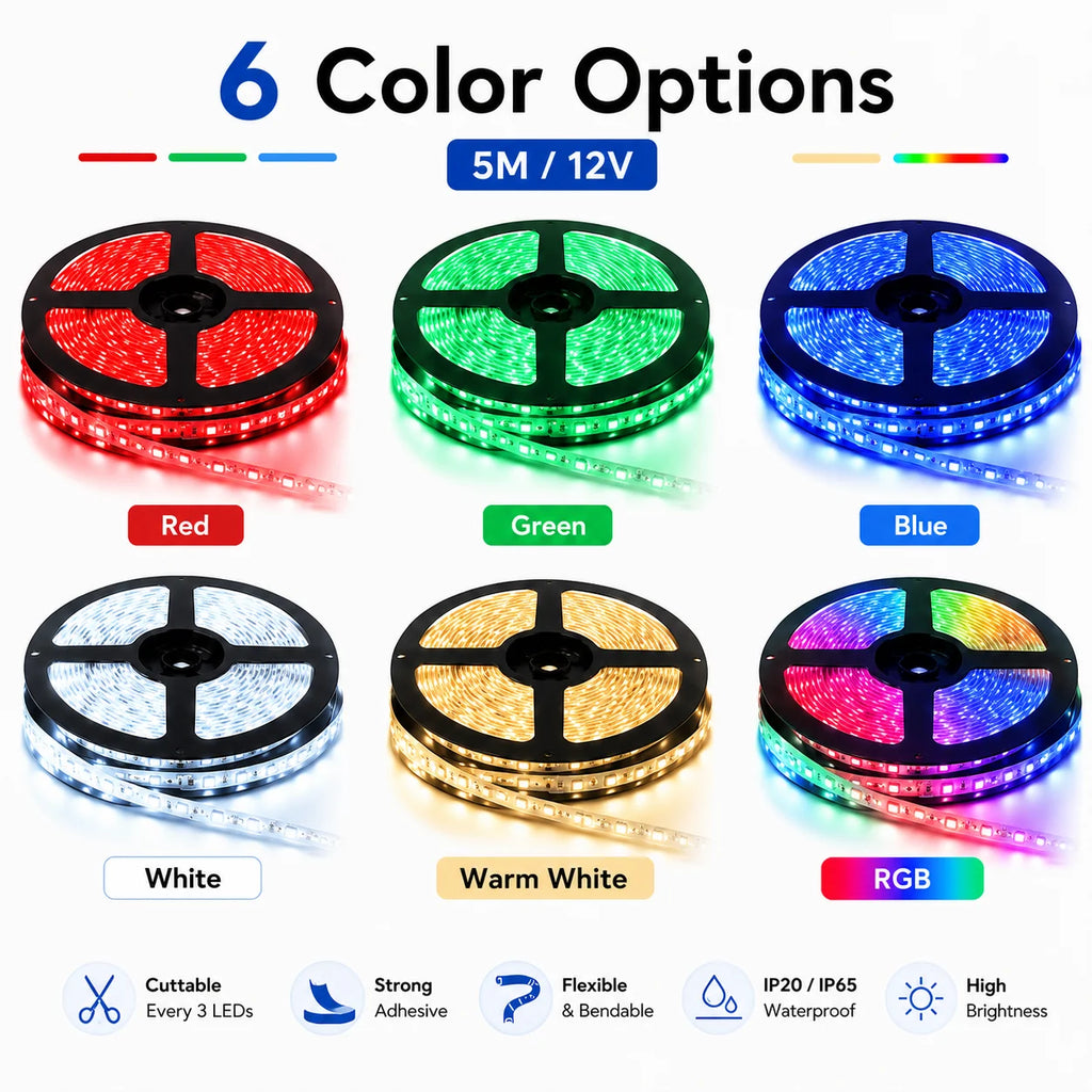 5M 12V LED Strip Light 3528 5050 SMD LED Tape RGB Red Green Blue White Warm White Waterproof Flexible Light for Home Decor