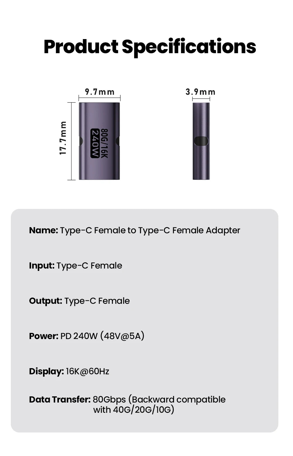 PD 240W Fast Charging Type C Adapter 80Gbps 16K@60Hz Type C Female To USB C Female Converter OTG For iPhone 15 16 Tablet Laptops