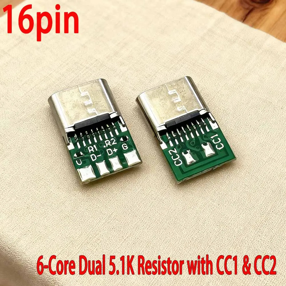 USB Type C Female Connectors Jack With Dual 5.1K Resistors 16pin USB Electric Terminals Welding DIY Data Cable Support PCB Board