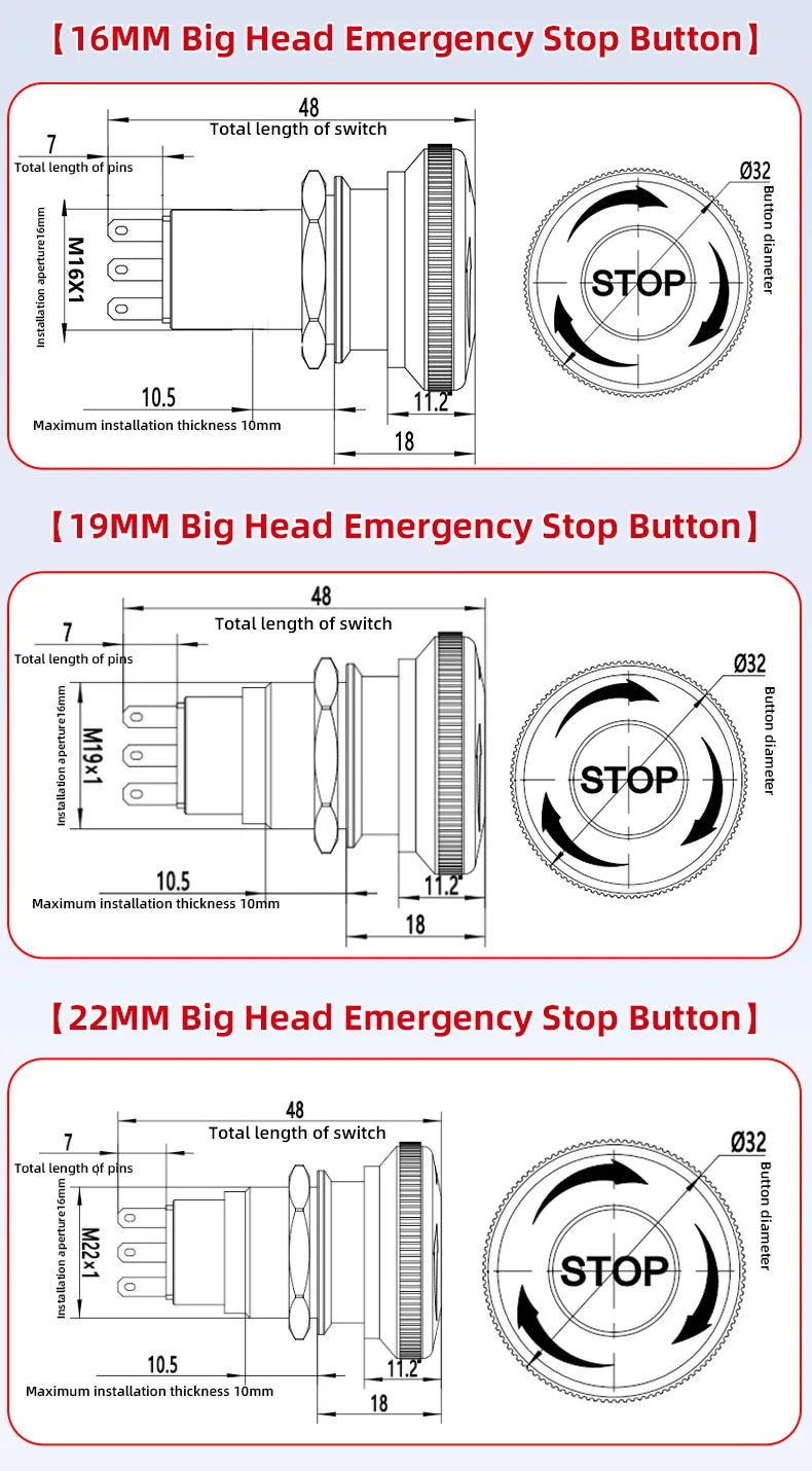 Metal Emergency Stop Button Switch 16/19/22mm Mushroom head Waterproof Stainless steel  Press Rotary Power off STOP 1NO1NC2NO2NC