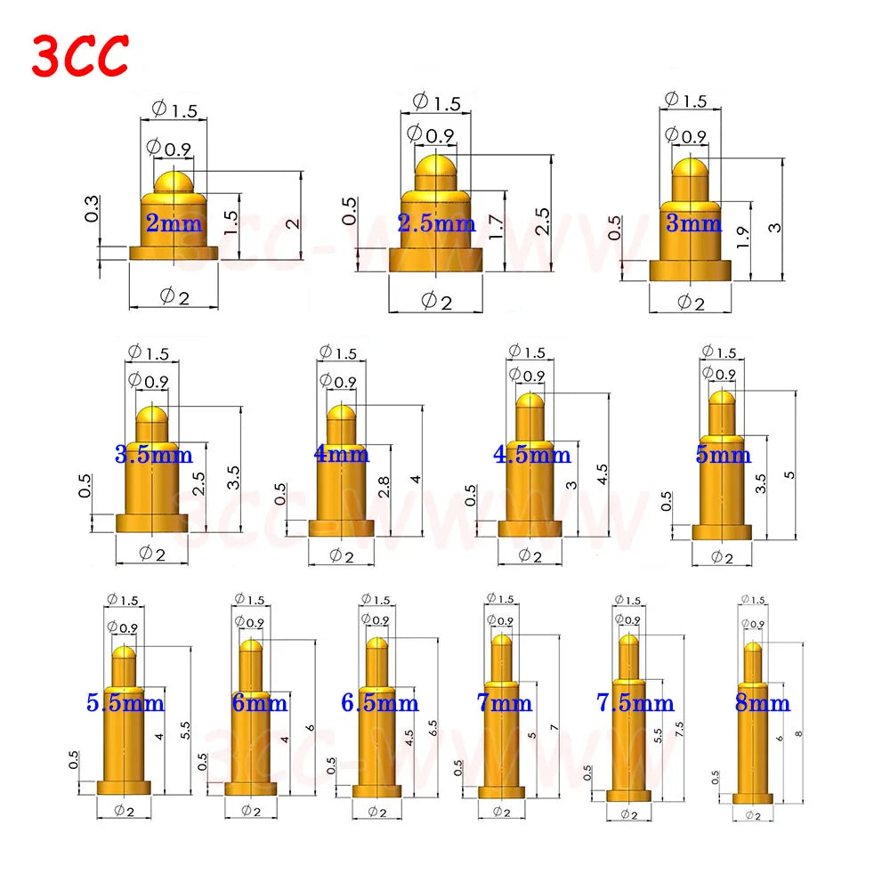 5-100X SMD PCB Pogo Pin Connector Pogopin Battery Spring Loaded Contact Needle H 2 3 4 5 6 7 8.5 9 10 12 13 14 16 MM Test Probe