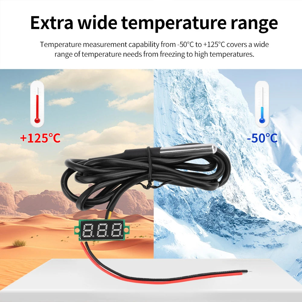 DC4-28V 0.28-inch Mini Two-Line Digital Thermometer Tester LED Display DS18B20 Waterproof Metal Probe -50 ℃~125 ℃
