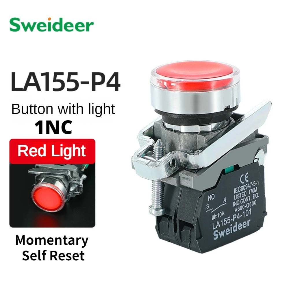 XB4 Button Switch Momentary Self Reset Flat High Head 22mm Power Push Button Switch with Light XB4-BA42 BA31 BA51 10A NC/NO Red