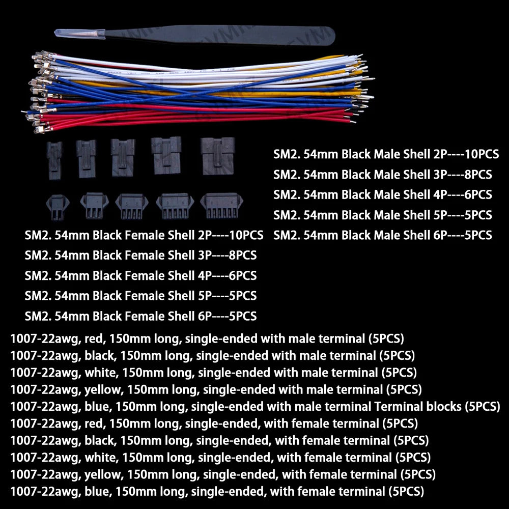 JST SM 2.54mm Male & Female Connector Kit with 22AWG Pre-Crimped Wire SM2.54 2/3/4/5/6 Pin Housing Adapter Cable Connector 6P 5P