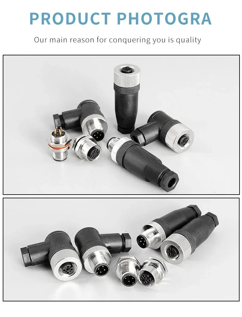 M12 Waterproof IP67 Aviation Plug Socket 4 5 8 Pin Hole Needle Male Curved Straight Screw Solderless Power Connector PG7 Charger