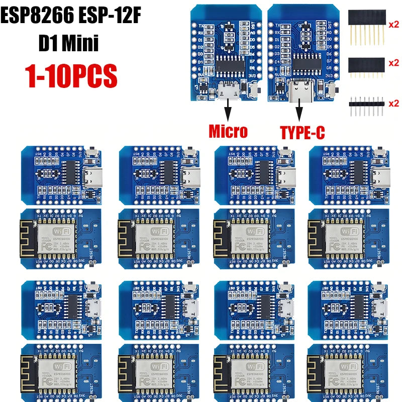 1-10pcs ESP8266 D1 Mini WIFI Development Board ESP-12F Wemos D1 Mini Nodemcu Lua Iot Board 3.3V Met Pins TYPE-C/Micro USB XZG