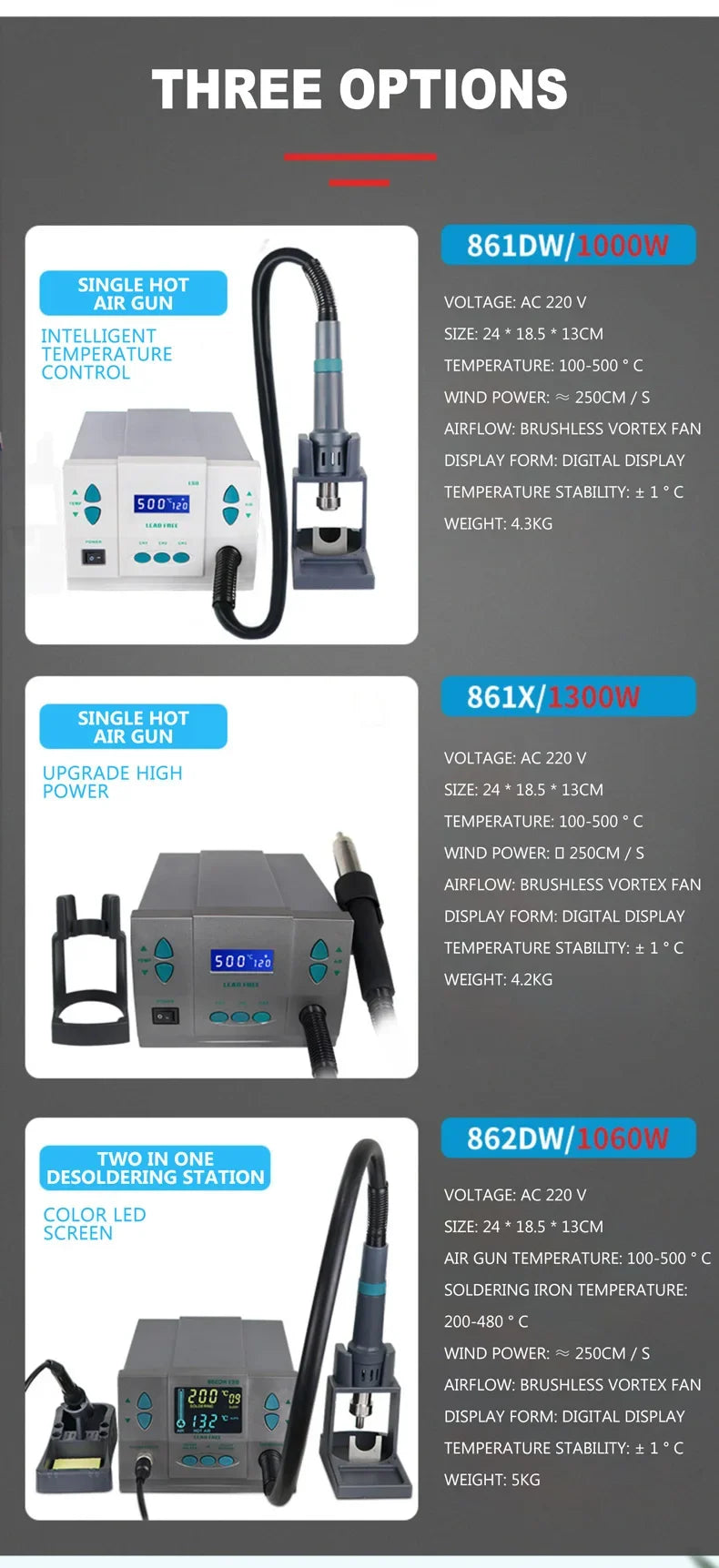 861DW Original 1000W 220/110V heat gun lead free hot air soldering station microcomputer temperature Rework Station+7nozzle