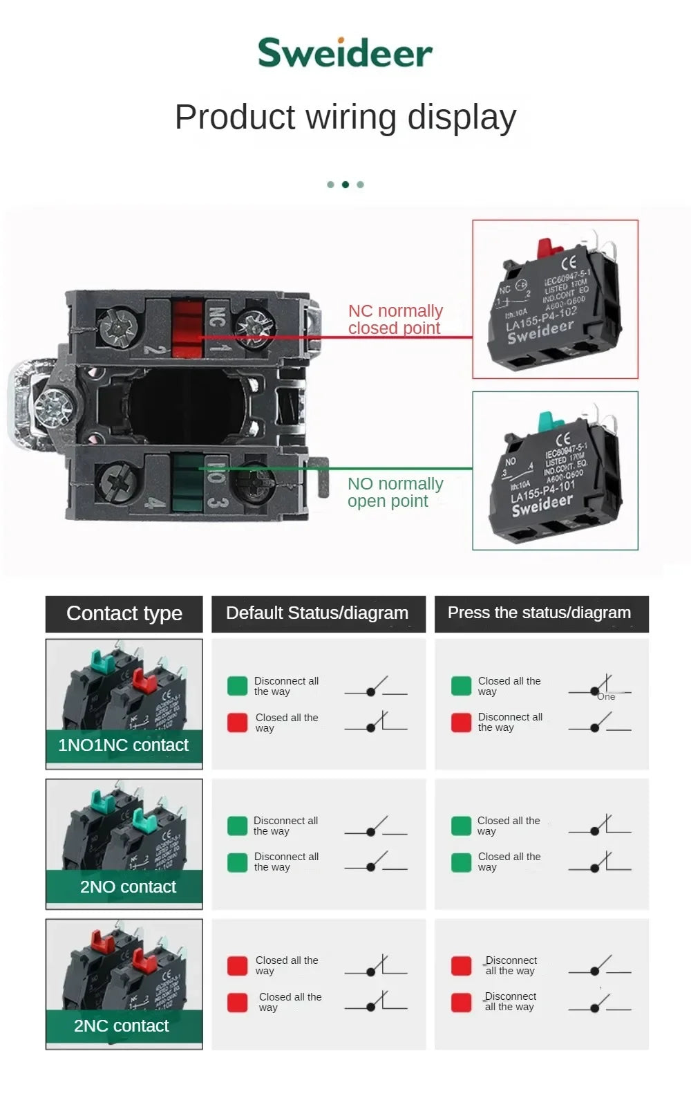 22mm Mushroom Emergency Stop Button Switch 10A XB4 Key Emergency Stop Power Push Button Switch 1NC 1NO Start Switch Red Green