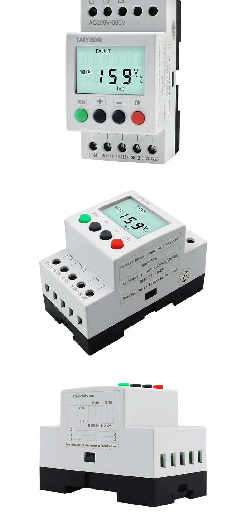 380V With LCD Backlight Display 3 Phase Din Rail Adjustable Under Over Voltage Protector Monitoring Sequence Protection Relay
