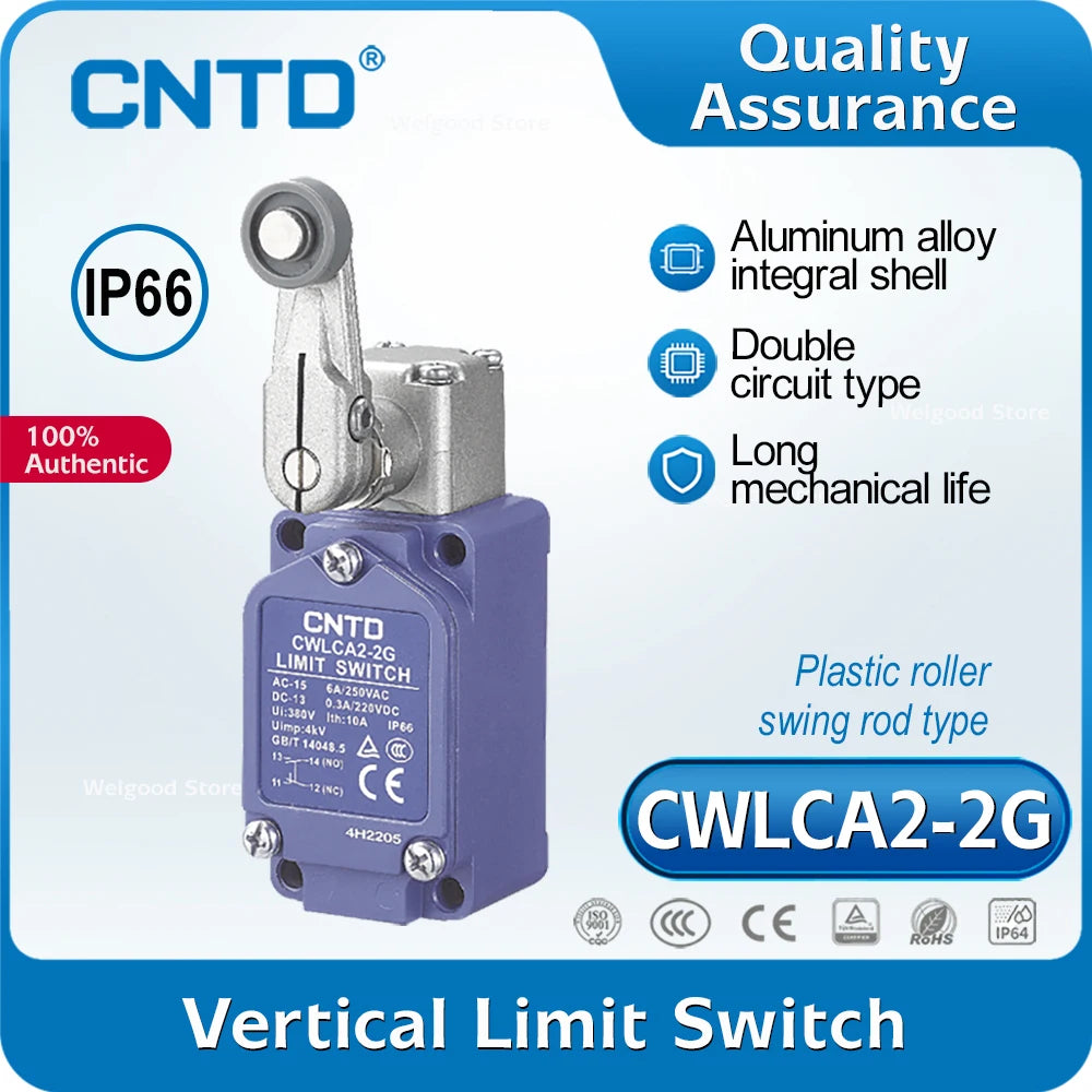 Heavy‑Duty Industrial Limit Switch CNTD CWLCA2‑2G 10A 380VAC IP66 DPDT Za Double‑Break Plastic Roller Lever Vertical Switch