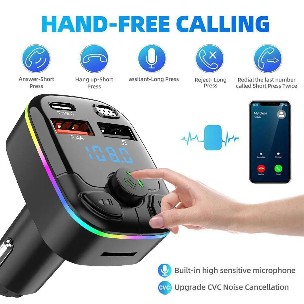 Car Bluetooth 5.0 FM Transmitter Type-C Dual USB Ambient Player Handsfree MP3 Type-C Wireless Light PD QC3.0 Car Charger Adapter