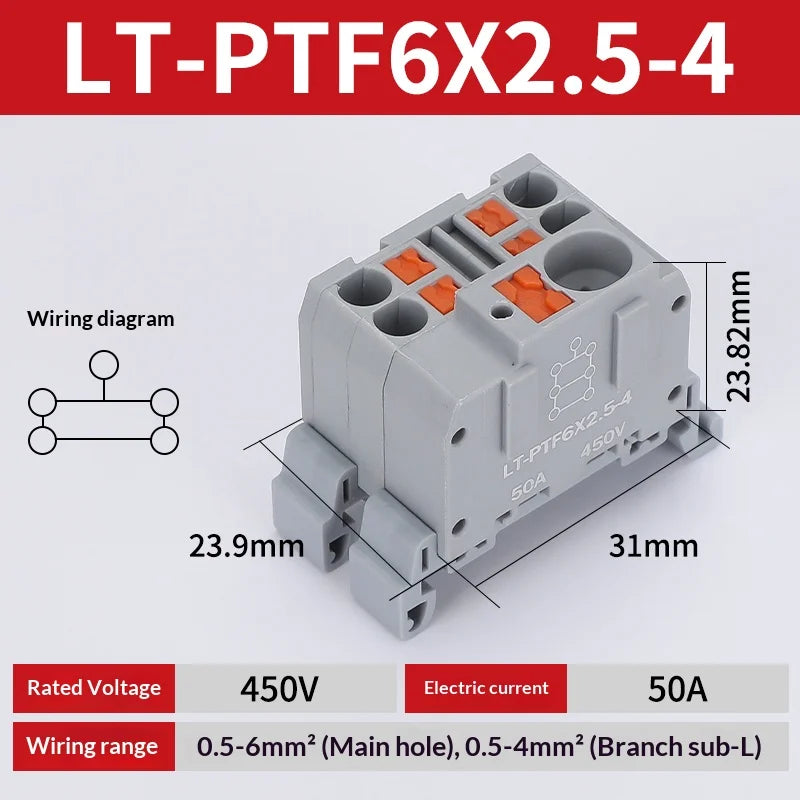 Push-in Terminal Block PTF6X2.5mm One in Multiple Out Splitter Spliceable Wire Connectors DIN Rail Junction Box Electrical Joint