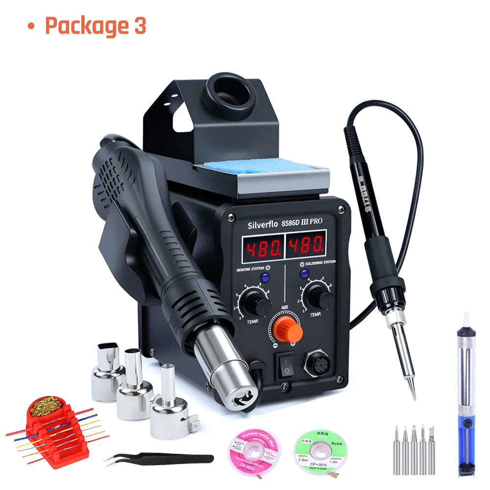 Silverflo 780W 8586D-III PRO Soldering Station 2 IN 1 Hot Air Rework Station Fsat Heating Soldering Iron with Sleep Mode