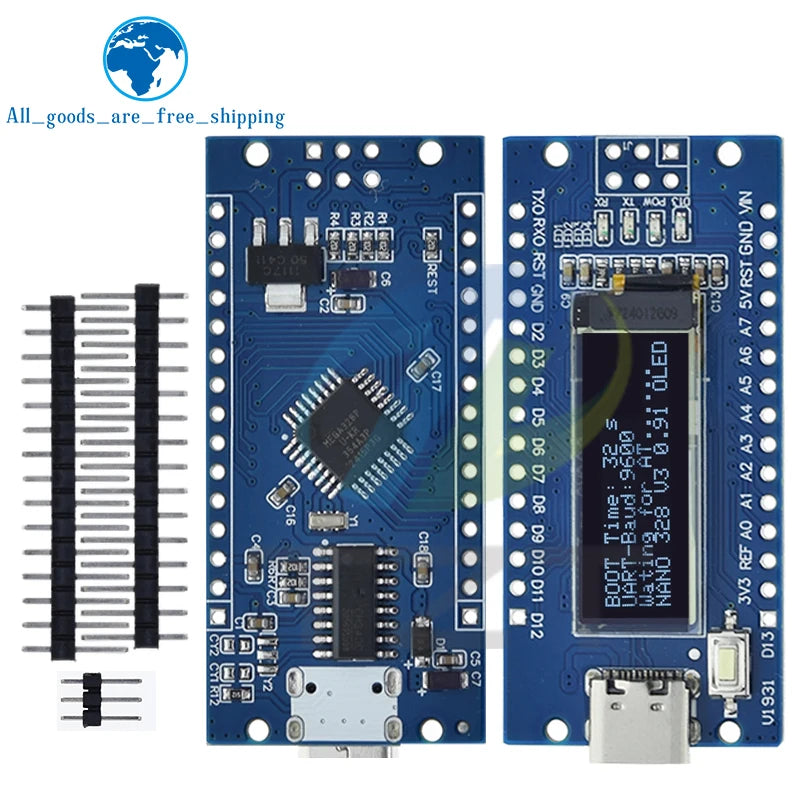 Nano V3.0 Atmega328P Ch340C Built-In 0.91" Oled Display 128*32 Resolution Iic I2C Compatible for Arduino Nano V3.0