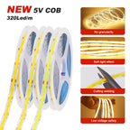 Super Bright USB DC5V COB Led Light Strip 320LED/m High Density Flexible Linear Lighting Warm/Natural/White 50cm 1m 2m 3m 4m 5m