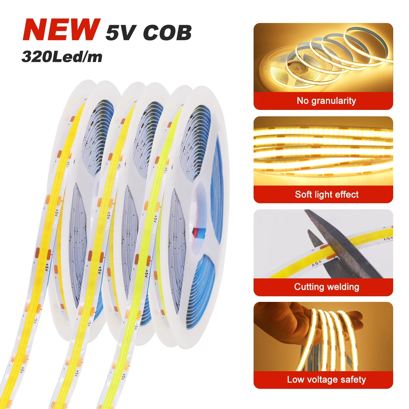 Super Bright USB DC5V COB Led Light Strip 320LED/m High Density Flexible Linear Lighting Warm/Natural/White 50cm 1m 2m 3m 4m 5m