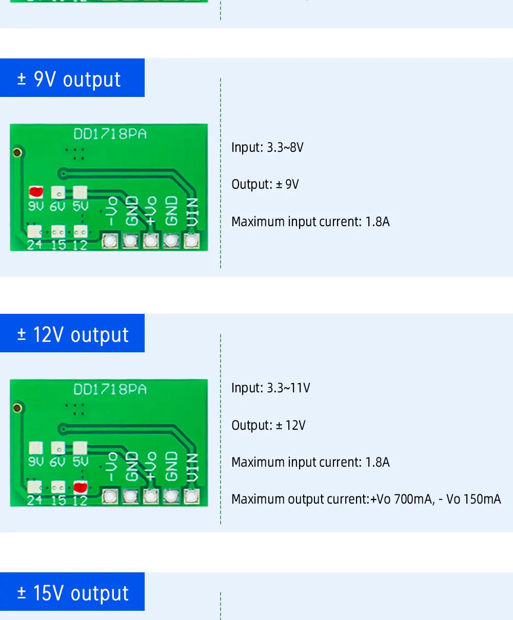 DD1718PA ± 5V 6V 9V 12V 15V 24V Positive & Negative Dual Output Power Supply DC Step-up Boost Converter Module