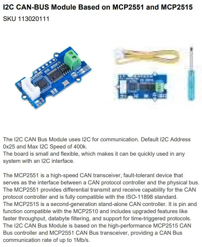 113020111 Interface Development Tools I2C CAN-BUS Module Based on MCP2551 and MCP2515