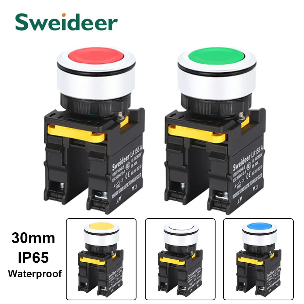30mm Button Switch Waterproof Momentary Reset Self Locking Power Push Button Switch Flat Head 10A 1NO 1NC 2NO Red Green Yellow