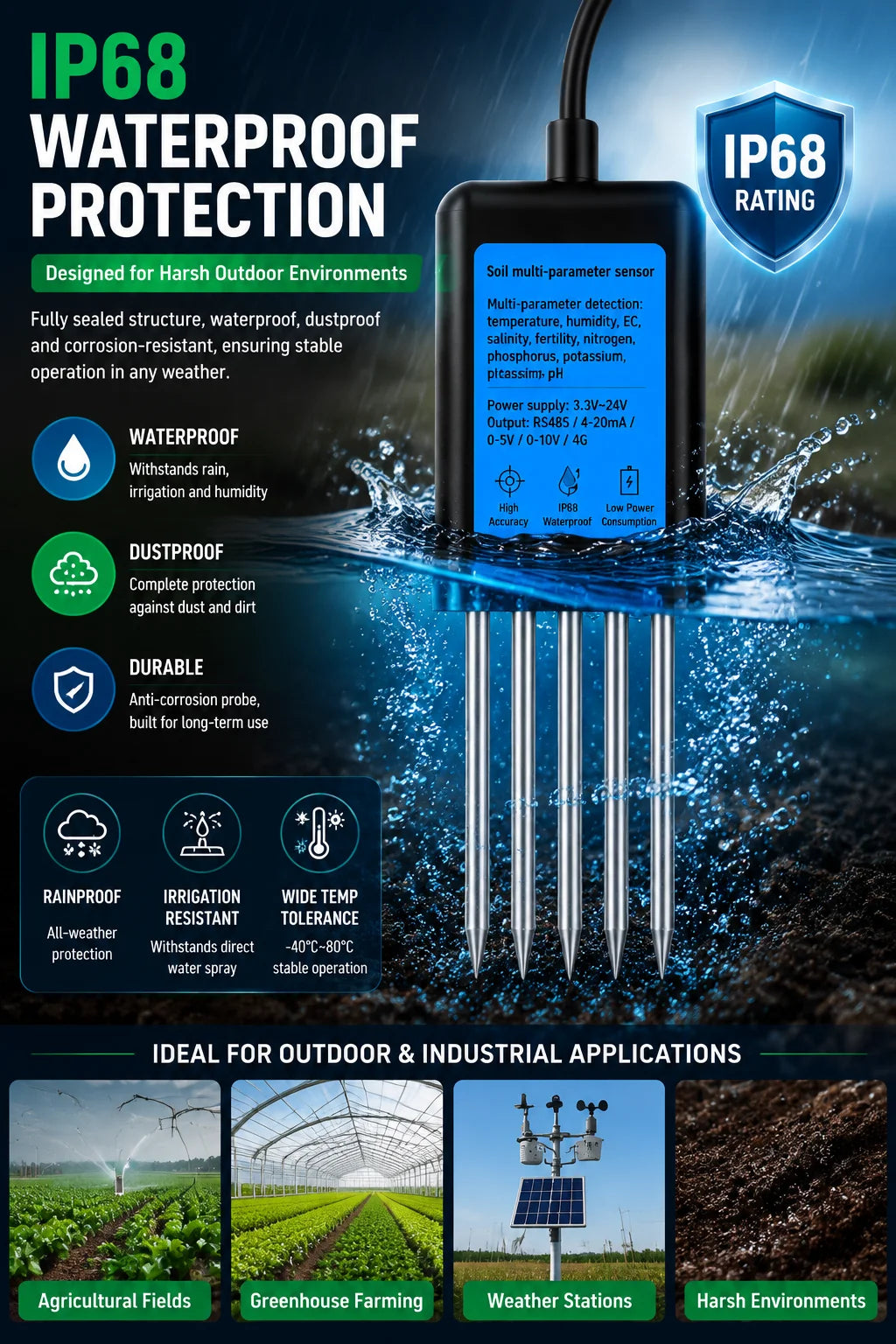 High Precision Agriculture Soil Sensor Moisture Temperature Humidity EC PH NPK with Optional 4-20mA 0-5V RS485 Output