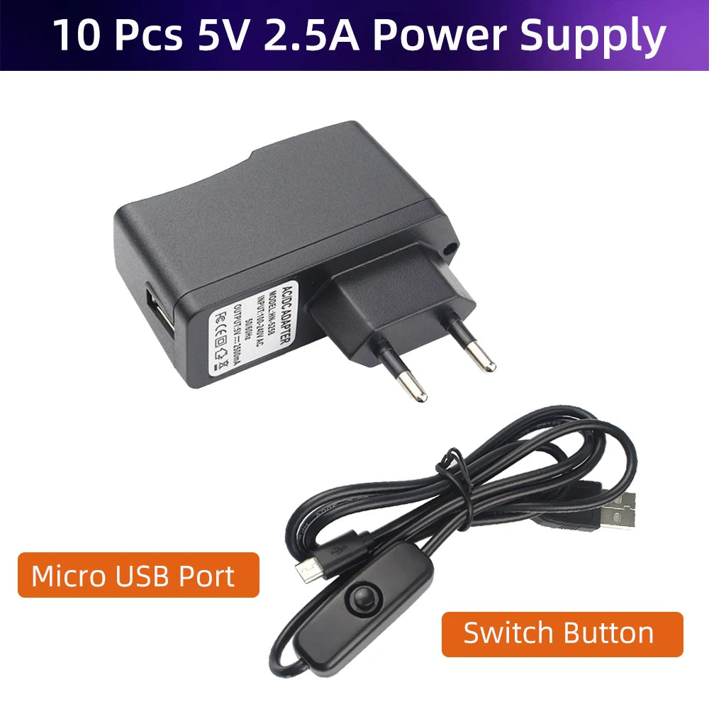 10 PC Power Supply  5V 2.5A  Power Adapter + Switch ON/OFF Micro USB Port Cable for Raspberry Pi 3B+ Orange Pi Zero 2 Banana Pi