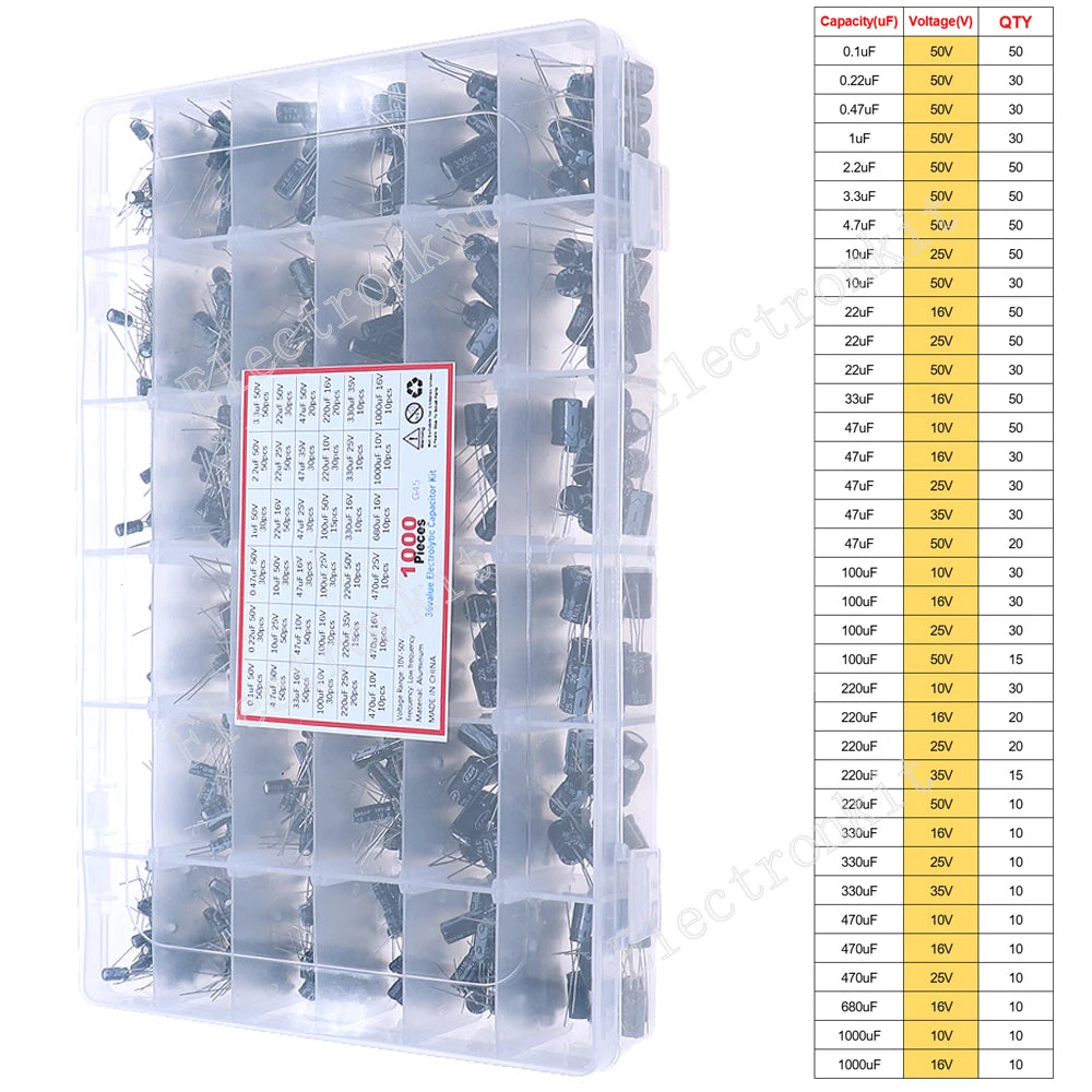 16V 25V 35V 50V 0.1uF to 2200uF DIP SMD Aluminum Electrolytic Capacitors Assortment Kit Set