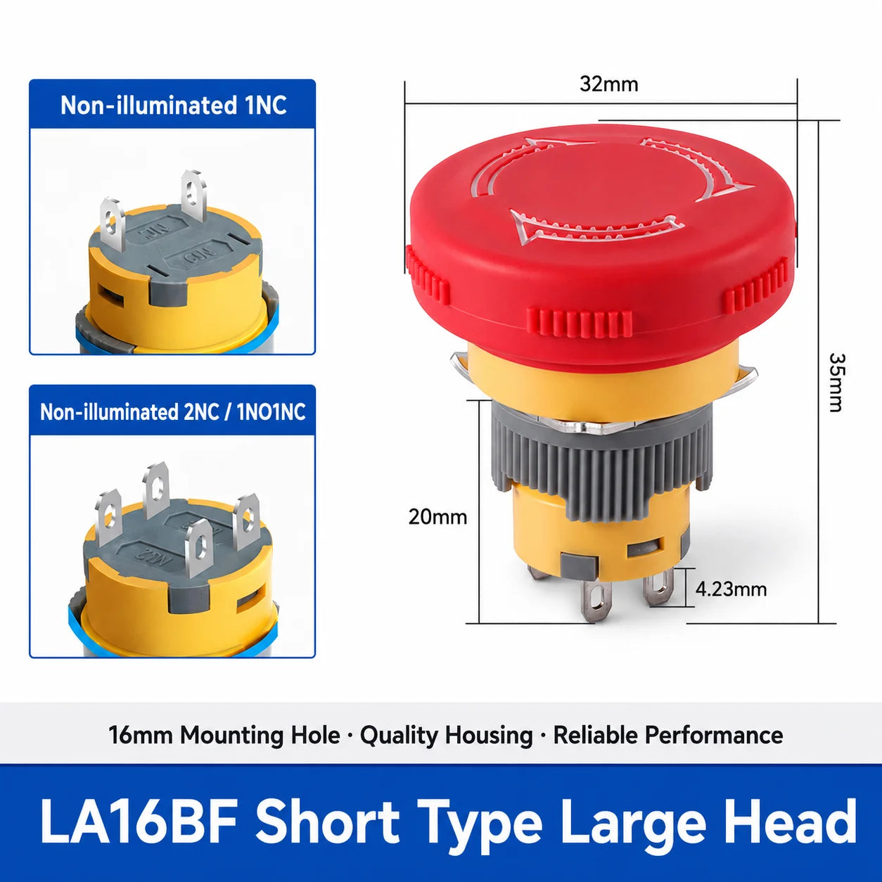 16mm Plastic Emergency Stop Switch Latching Self-locked 1NO1N Red Mushroom Head Electrical Control Push Button Switch VaneAims