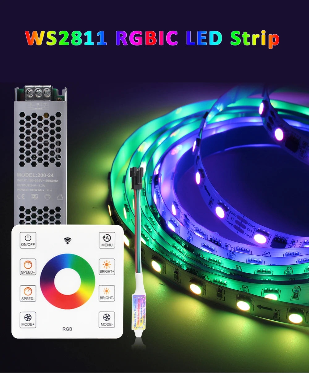 WS2811 RGB IC Running Water Flowing Strip Lights DC 24V 5050 60Leds RGBIC Flexible Ribbon RF Touch Remote Control LED Lighting