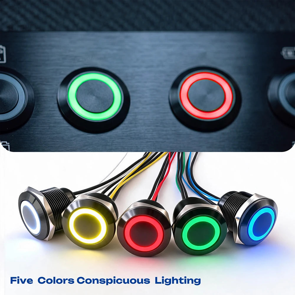 FILN 22mm 20A Waterproof Metal Push Button Switch Ring LED Lighted Pre-Wired High Current Power Switch Lamp for Car Boat Marine