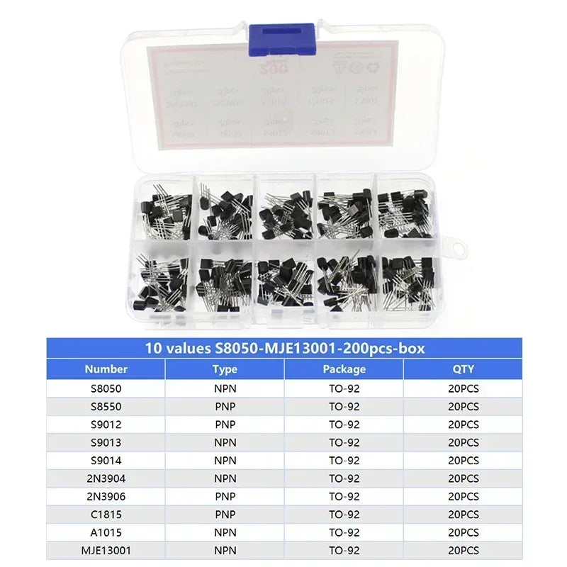 Transistor Assortment Kit TO92 PNP/NPN A1015 BC327 BC337 C1815 S8850 2N2222 2N2907 2N3904 2N3906 for Electronics DIY Repair
