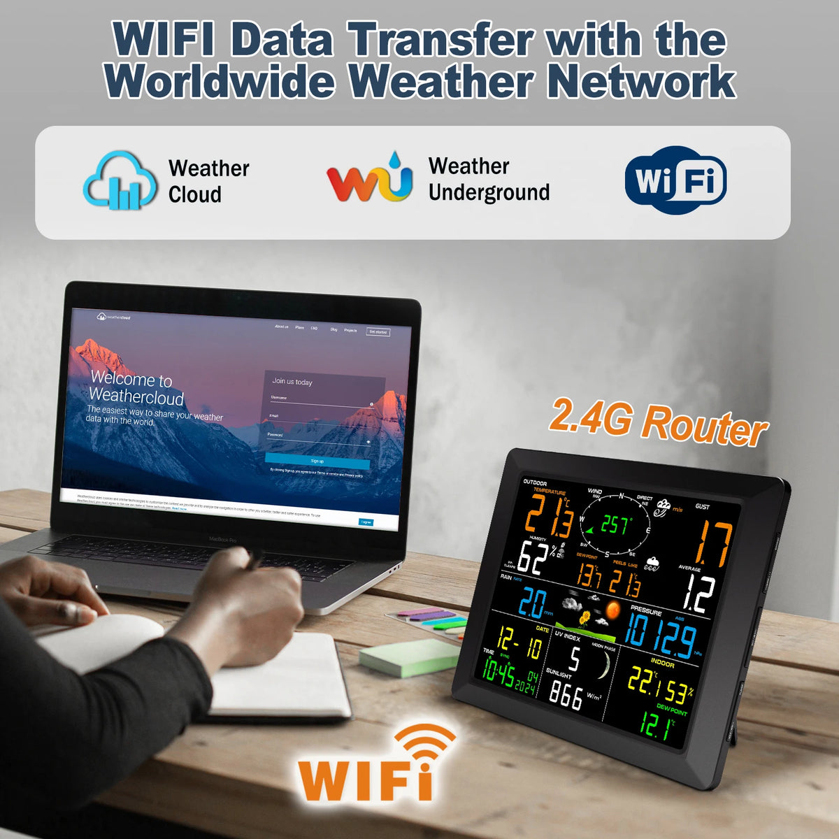 WiFi Weather Station 14-in-1 Wireless with Color Display Real-Time Sync to Weather Underground 100m Range Smart Home Sensor