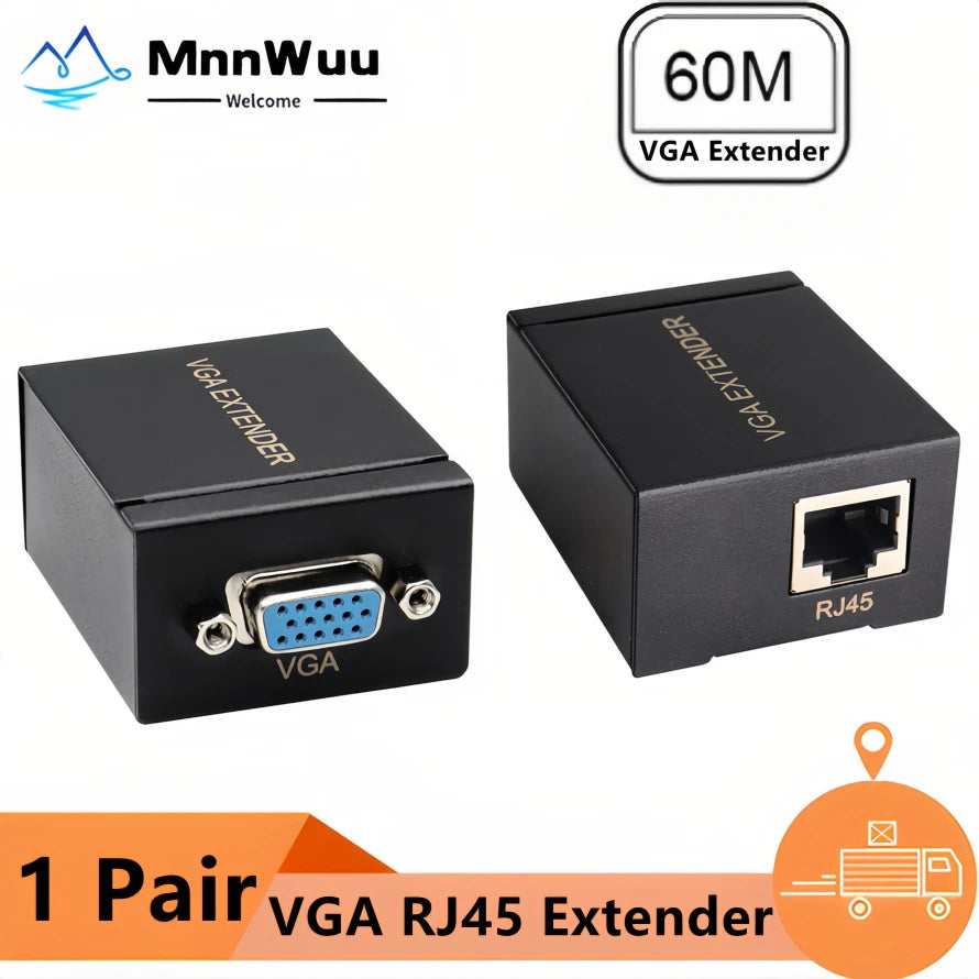 60M VGA Extender Over Single RJ45 Cat6 Cable 1080P VGA Ethernet Extender Video Transmitter Receiver for PC Loptop HDTV Monitor