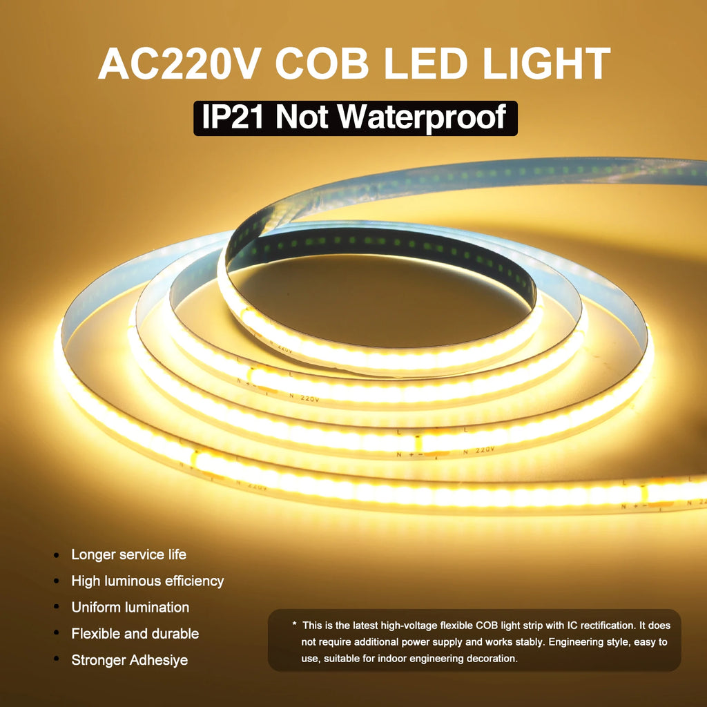 5M 10M 20M 50M/Roll COB Strip AC 220V 240Leds/M IP20 3000K 4000K 6000K Driver Build In Home Decor Flexible Ribbon Rope LED Light