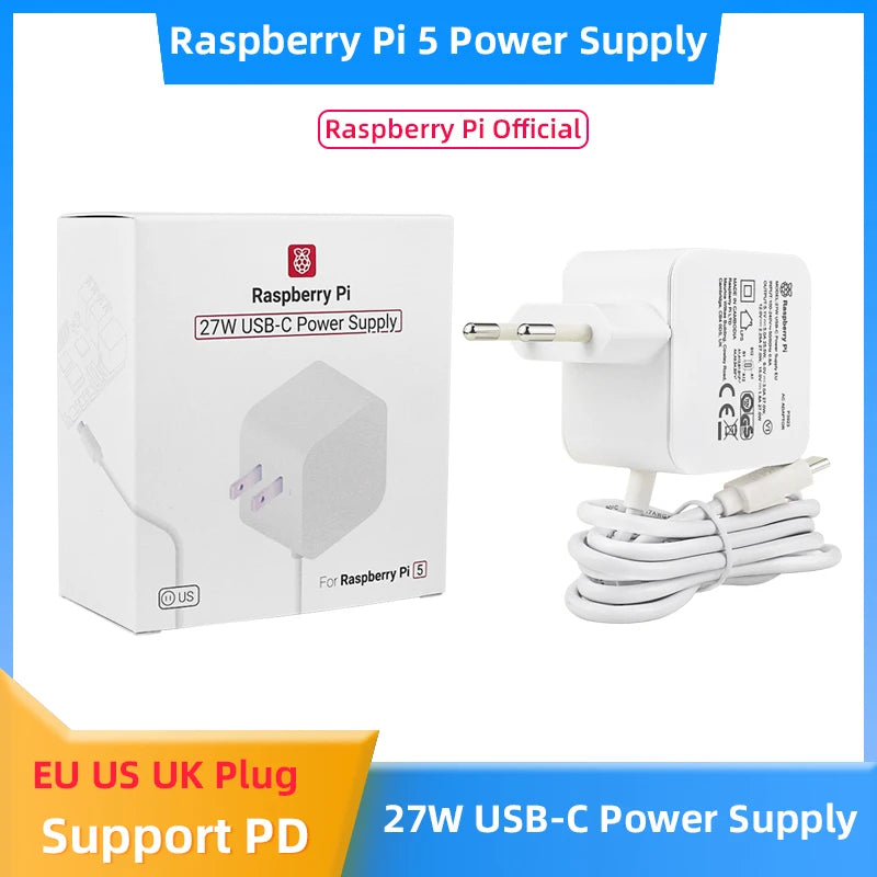 Official Raspberry Pi 27W USB C Power Supply Compatible for PD Charing EU US UK Plug 5.1V 5A for Raspberry Pi 5
