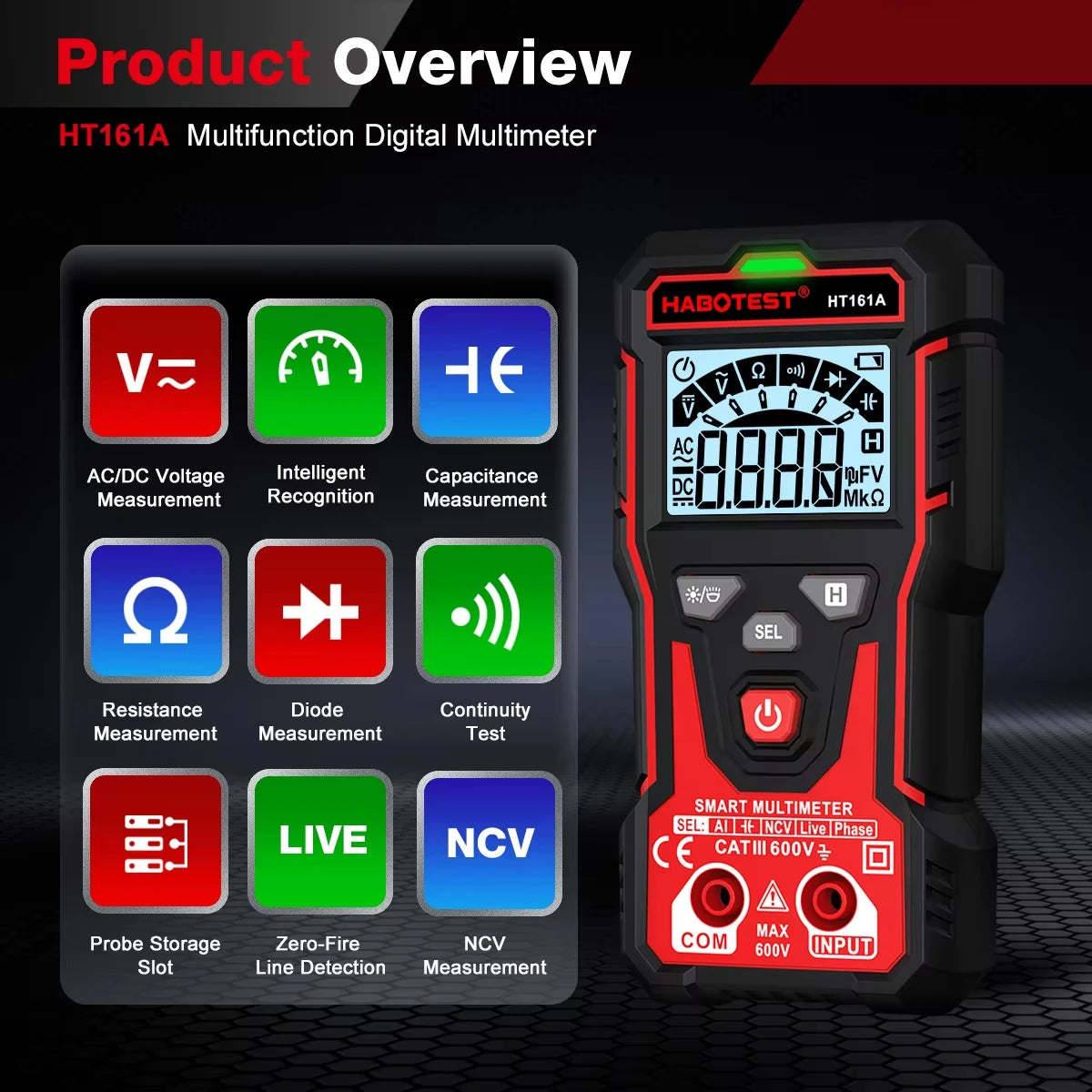 HT161A Smart Digital Multimeter AC/DC Voltage NCV Capacitance Resistance Continuity Test Auto Range Profesional Electrician Tes