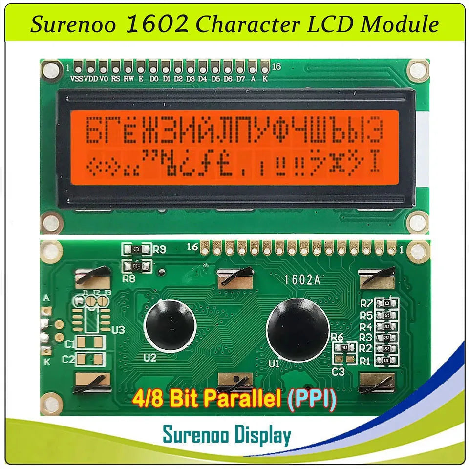 Surenoo 1602 16X2 162 5V 4-Bit 8-Bit Parallel Character LCD Module Display Screen Panel LCM STN Yellow Green Blue White Sky Blue