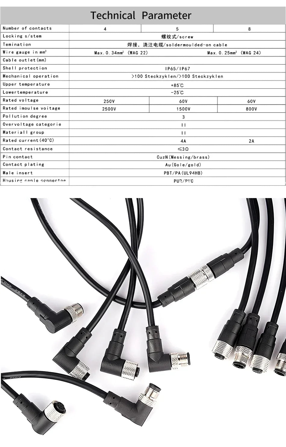 2Meters M12 sensor connector waterproof cable plug Male&Female 4 5 8 12Pin PVC Integrated injection molding M12 connectors