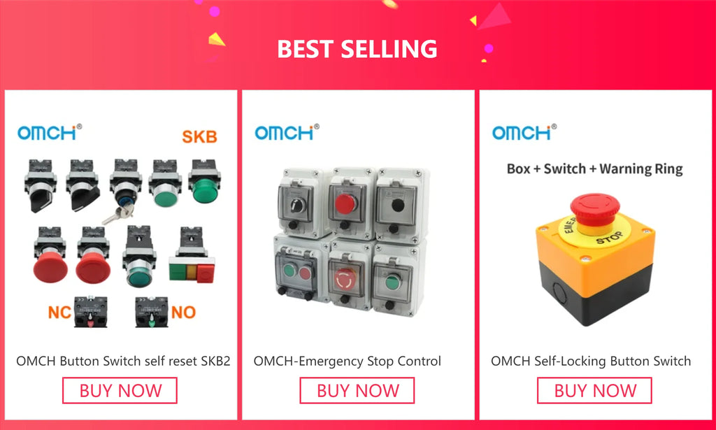 OMCH Self-Locking Button Switch with Box, Mushroom Head, Red Sign, NO + NC, AC660V, 10A, Emergency Stop