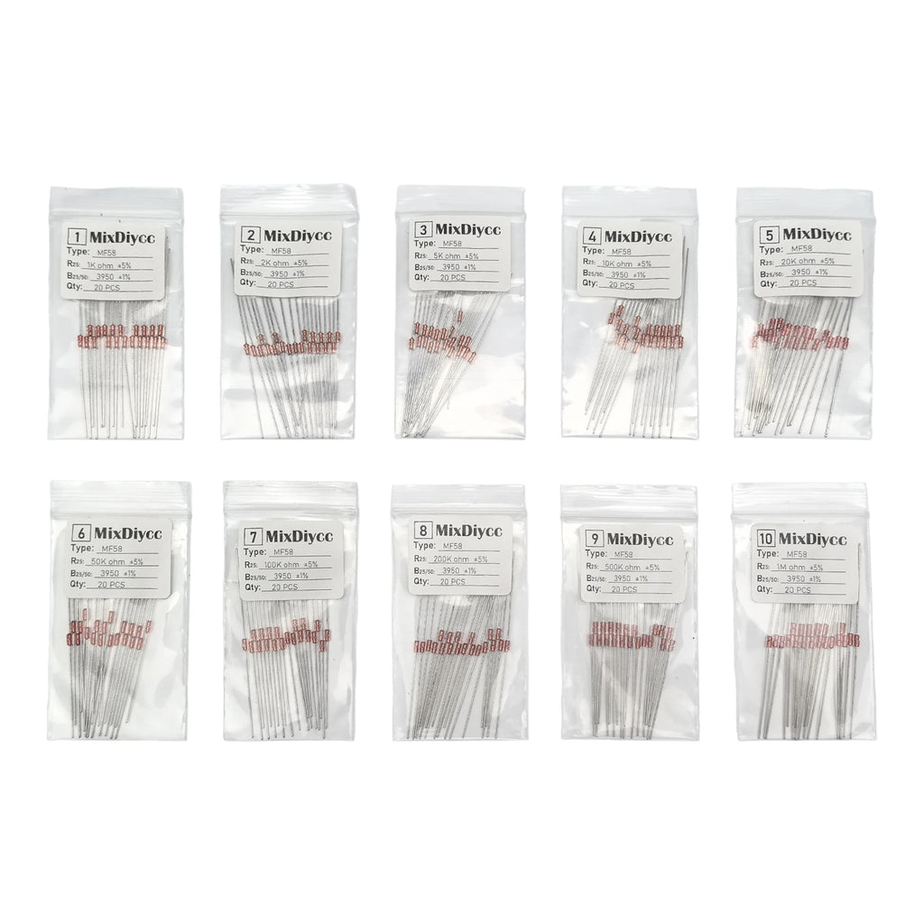 10 values kit Thermal Resistor thermistor NTC MF58 B3950 5% 1K/2K/5K/10K/20K/50K/100K/200K/500K/1M ohm Total 200 pcs